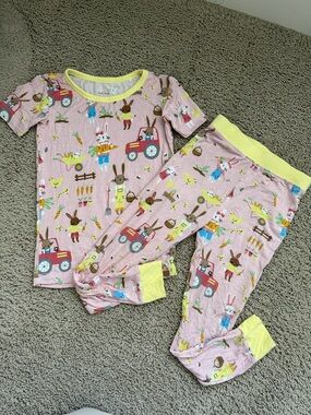 Little Sleepies-Kids Bunny Farm Pink Pajama Set with Yellow Trim